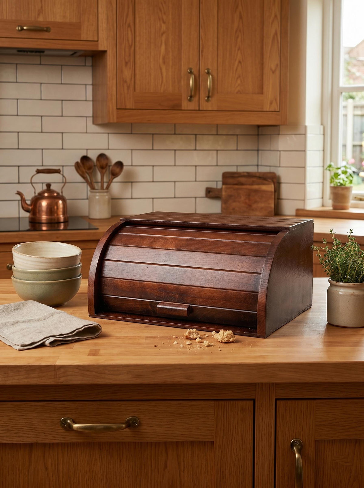 Handmade Wooden Bread Box with Roll Top Lid