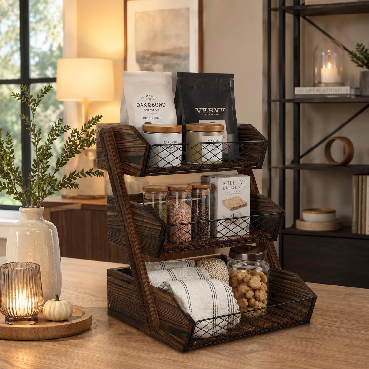 Wooden Fruit Basket for Kitchen Counter, Rustic Vegetable Bowl and Bread Storage Organizer