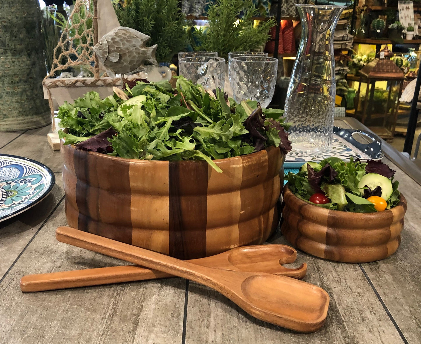 Natural Acacia Wood Salad Bowl Set with Servers – Extra Large 10 x 4" Wide Wooden Bowl for Entertaining