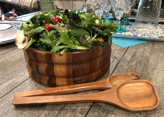 Natural Acacia Wood Salad Bowl Set with Servers – Extra Large 10 x 4" Wide Wooden Bowl for Entertaining
