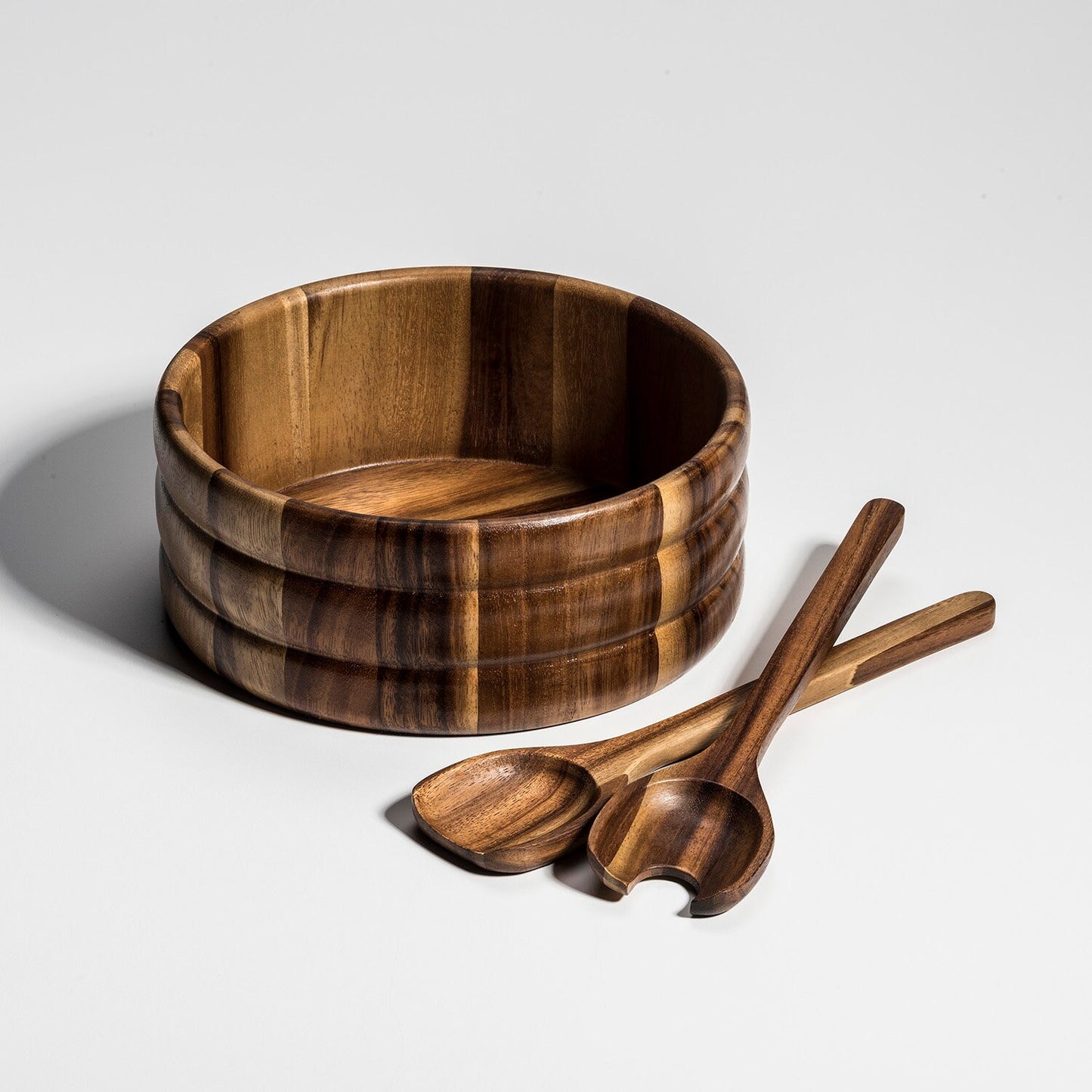 Natural Acacia Wood Salad Bowl Set with Servers – Extra Large 10 x 4" Wide Wooden Bowl for Entertaining