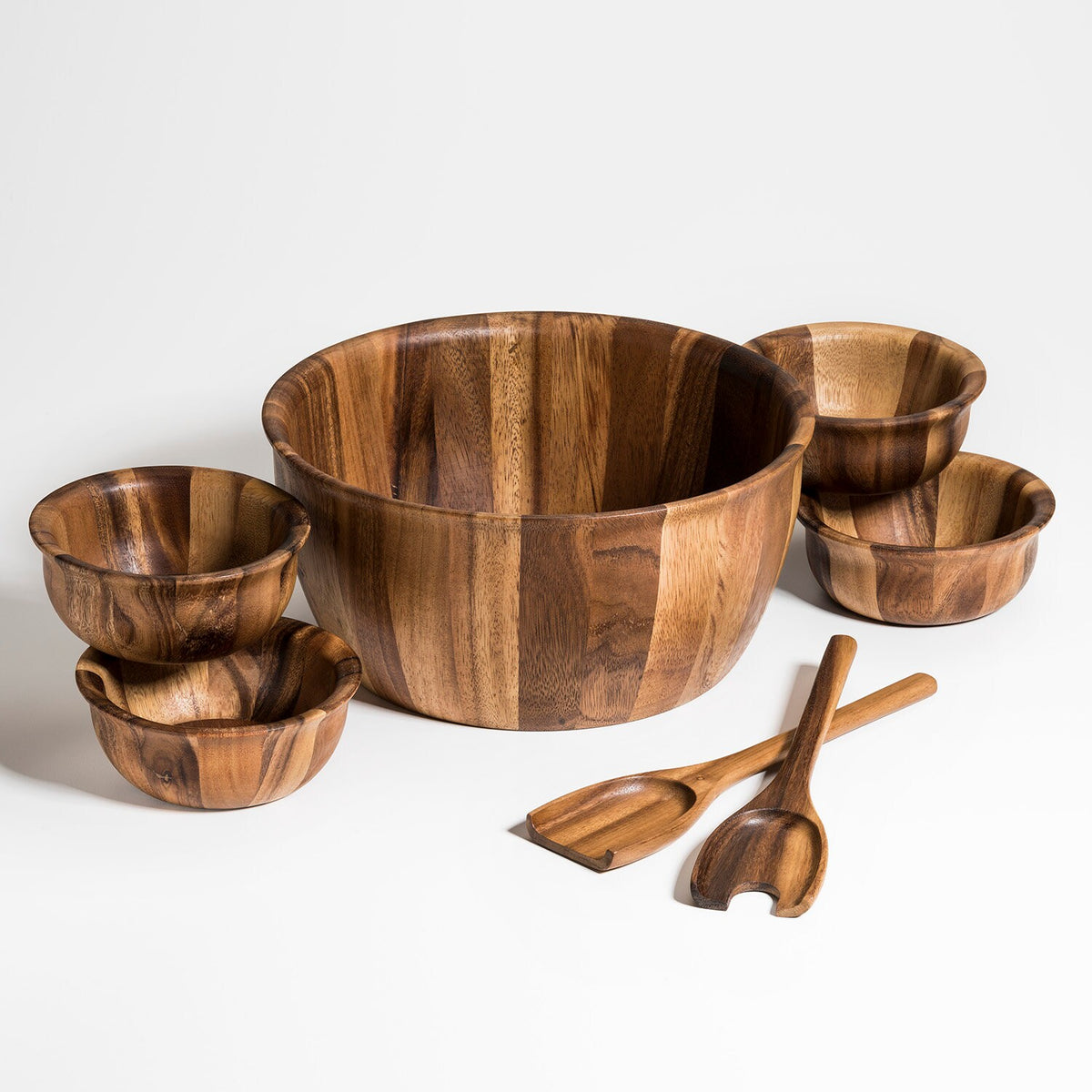 Acacia Wood 7-Piece Salad Bowl Set – Large Serving Bowl, Servers &amp; 4 Individual Bowls
