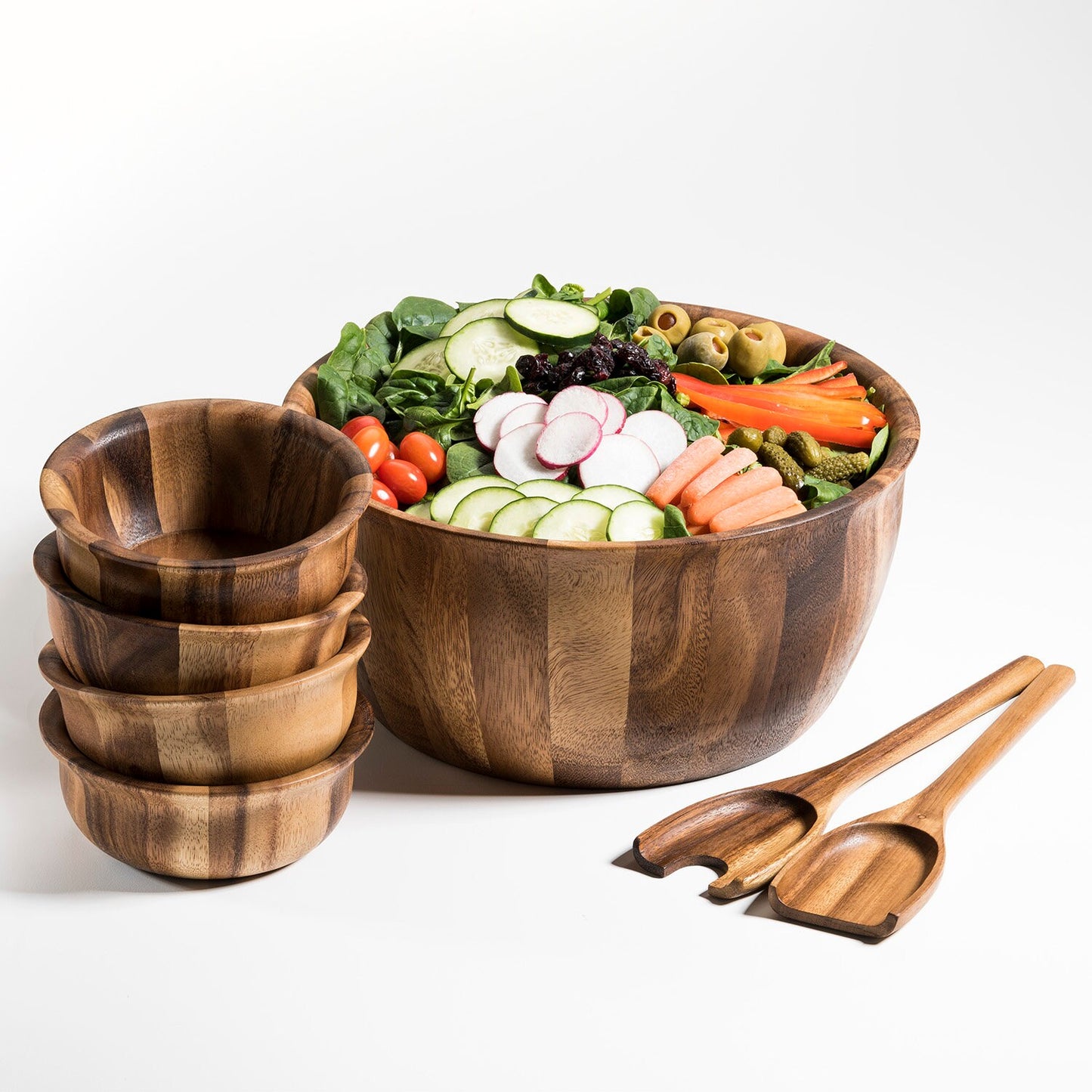 Acacia Wood 7-Piece Salad Bowl Set – Large Serving Bowl, Servers &amp; 4 Individual Bowls
