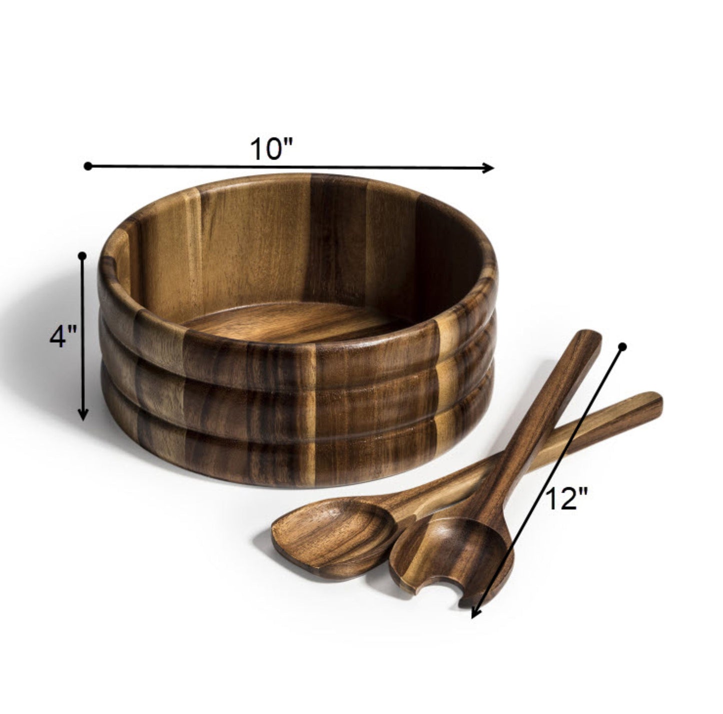 Natural Acacia Wood Salad Bowl Set with Servers – Extra Large 10 x 4" Wide Wooden Bowl for Entertaining