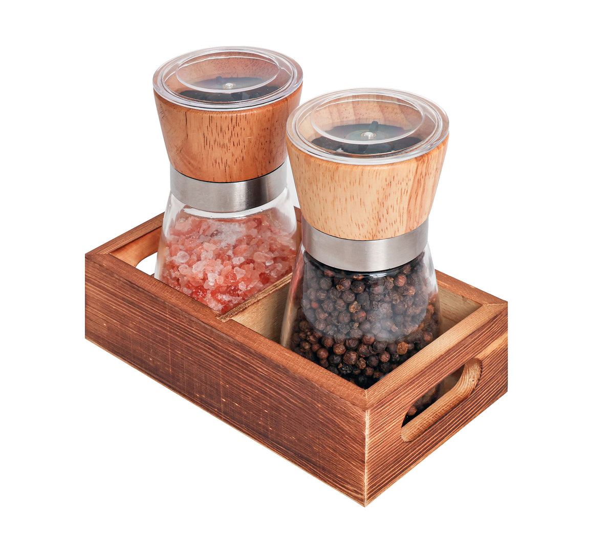 Salt and Pepper Grinder Glass Set with Wood Holder
