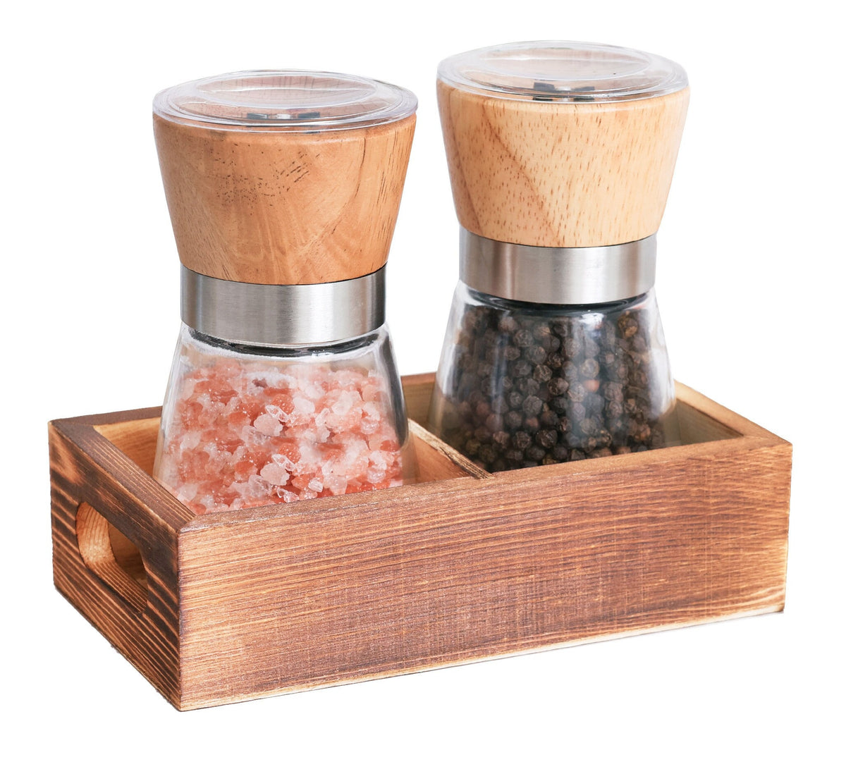 Salt and Pepper Grinder Glass Set with Wood Holder