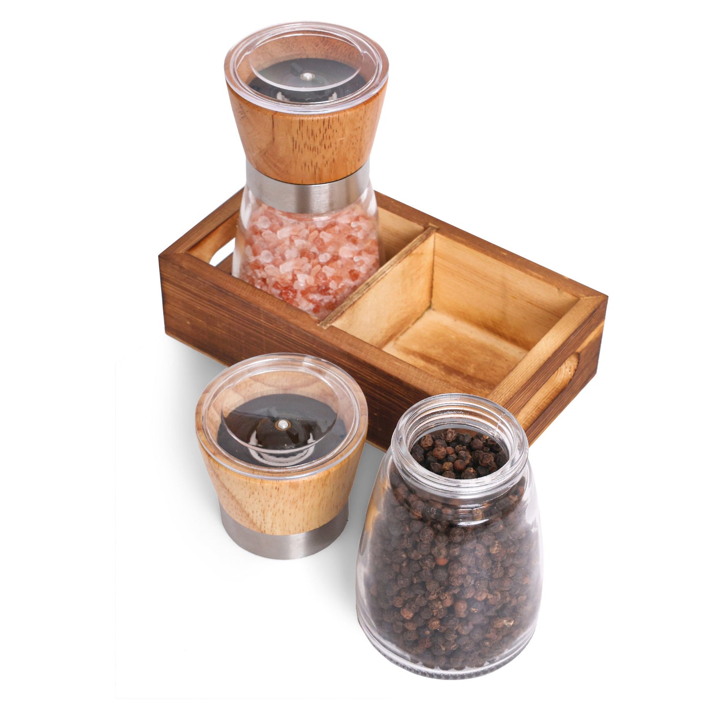 Salt and Pepper Grinder Glass Set with Wood Holder