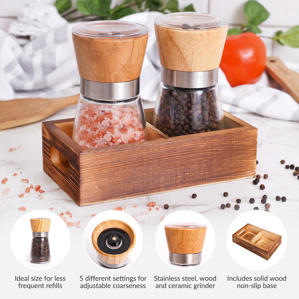 Salt and Pepper Grinder Glass Set with Wood Holder