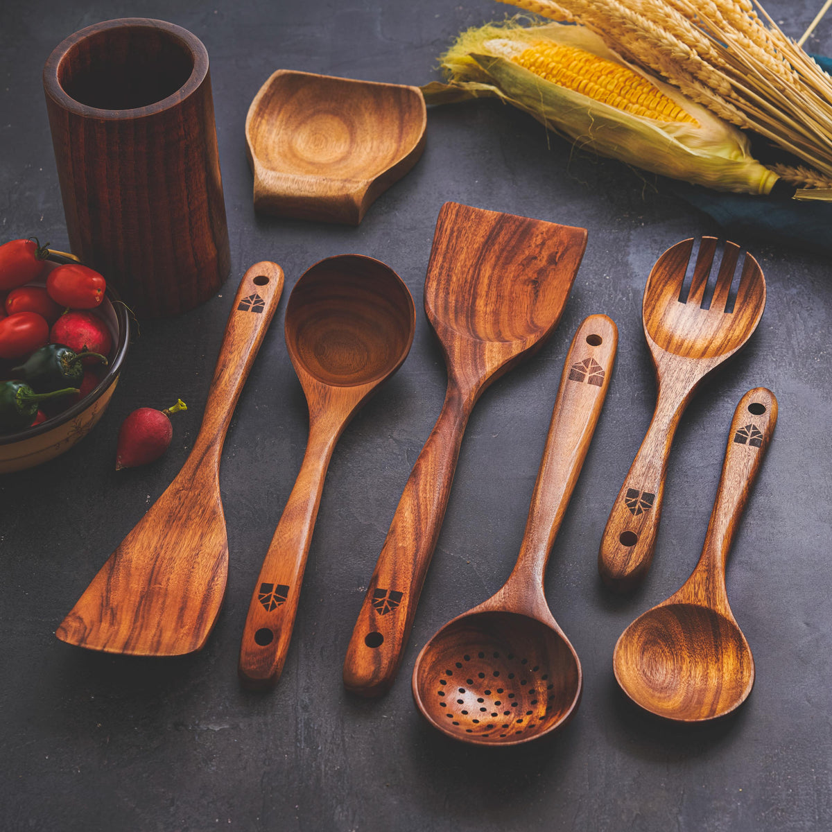 Teak Kitchen Utensil Set: Wooden Spoons, Spatulas, Ladle &amp; Holder