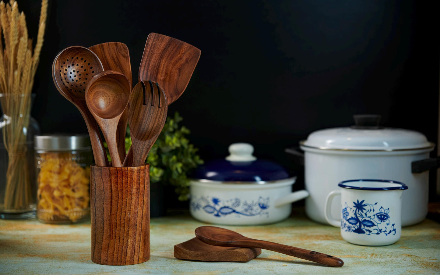 Teak Kitchen Utensil Set: Wooden Spoons, Spatulas, Ladle &amp; Holder