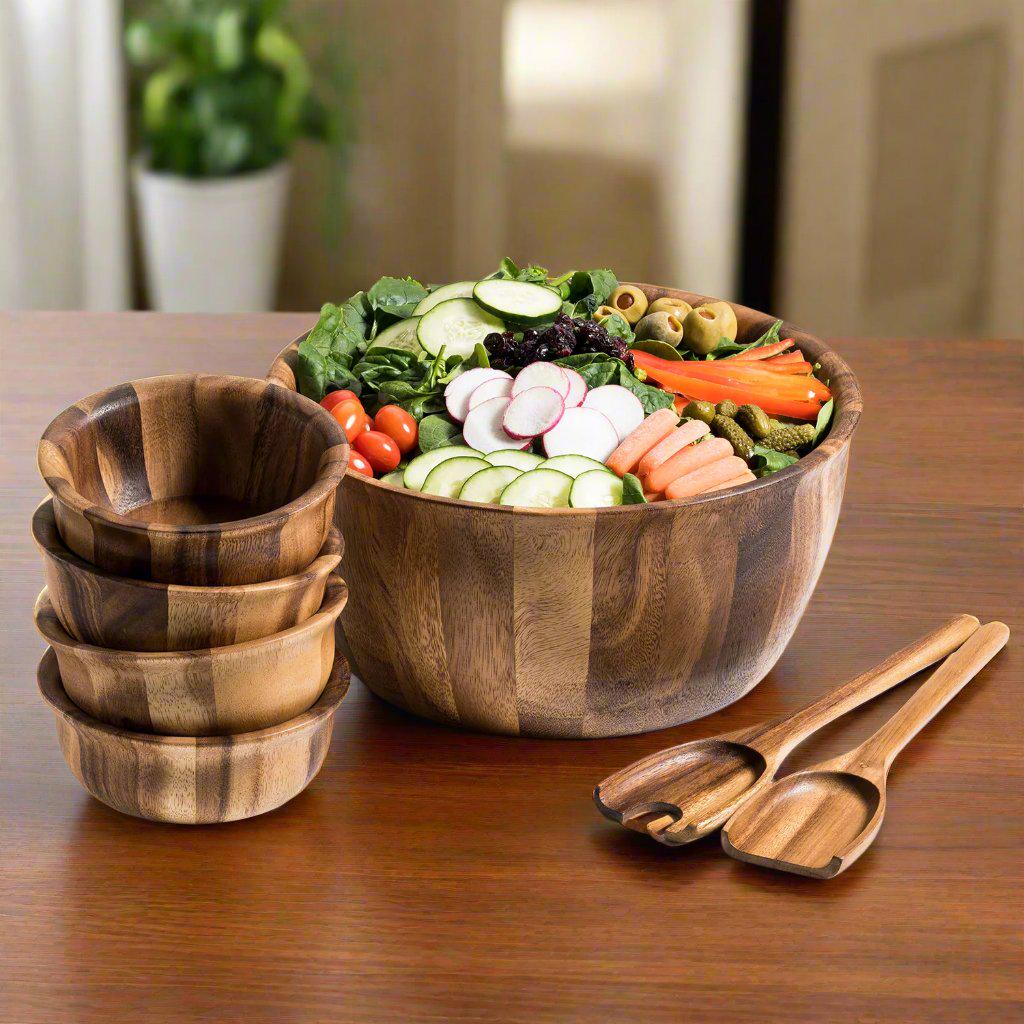 Acacia Wood 7-Piece Salad Bowl Set – Large Serving Bowl, Servers &amp; 4 Individual Bowls
