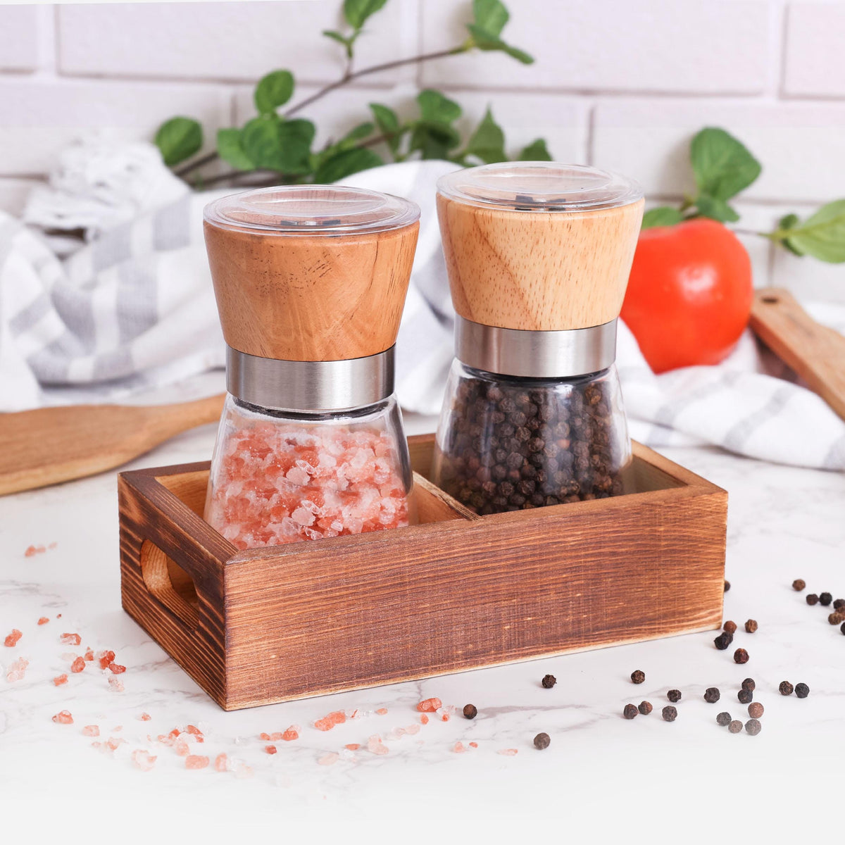 Salt and Pepper Grinder Glass Set with Wood Holder