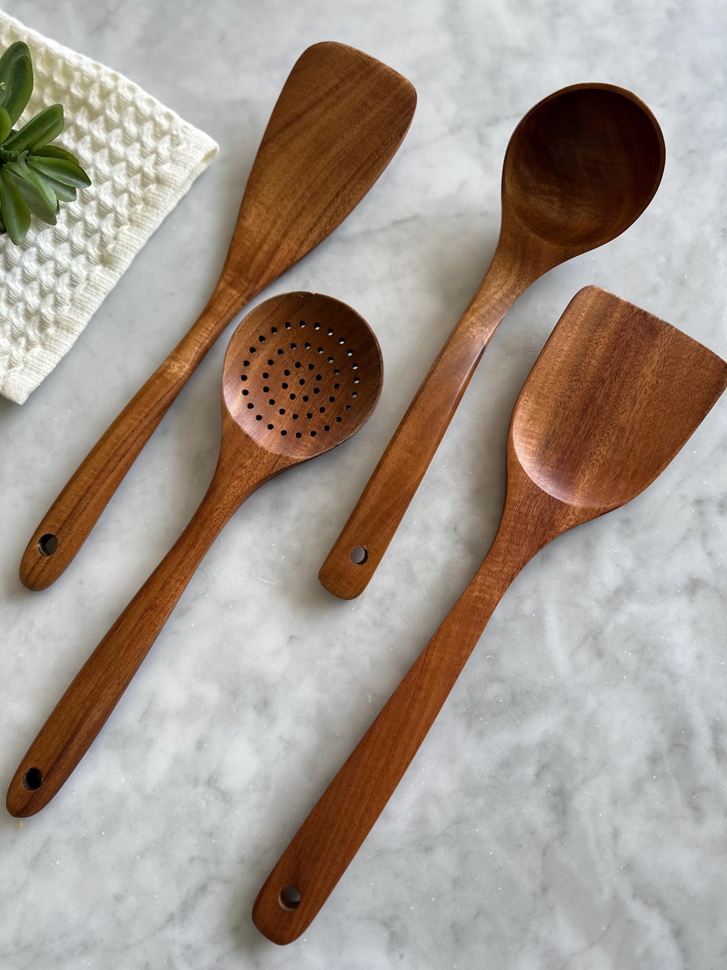 Teak Wooden Utensil Set – 4 Piece Natural Kitchen Cooking Tools