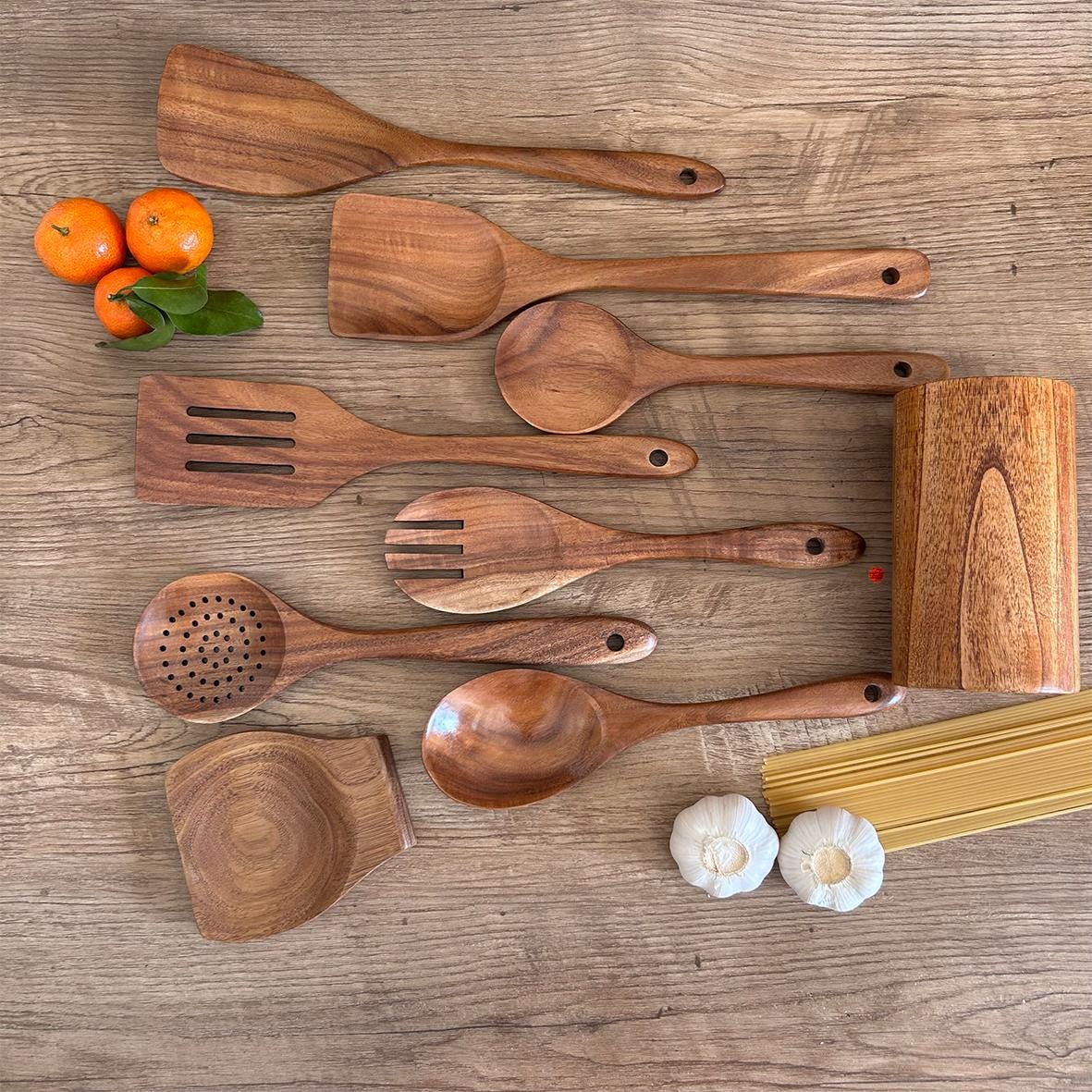 Teak Wood Kitchen Utensil Set | 9-Piece, Heat-Resistant