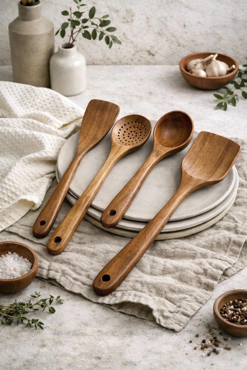 Teak Wooden Utensil Set – 4 Piece Natural Kitchen Cooking Tools