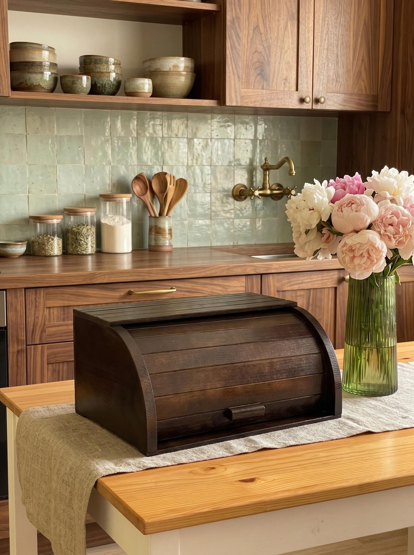 Handmade Wooden Bread Box with Roll Top Lid
