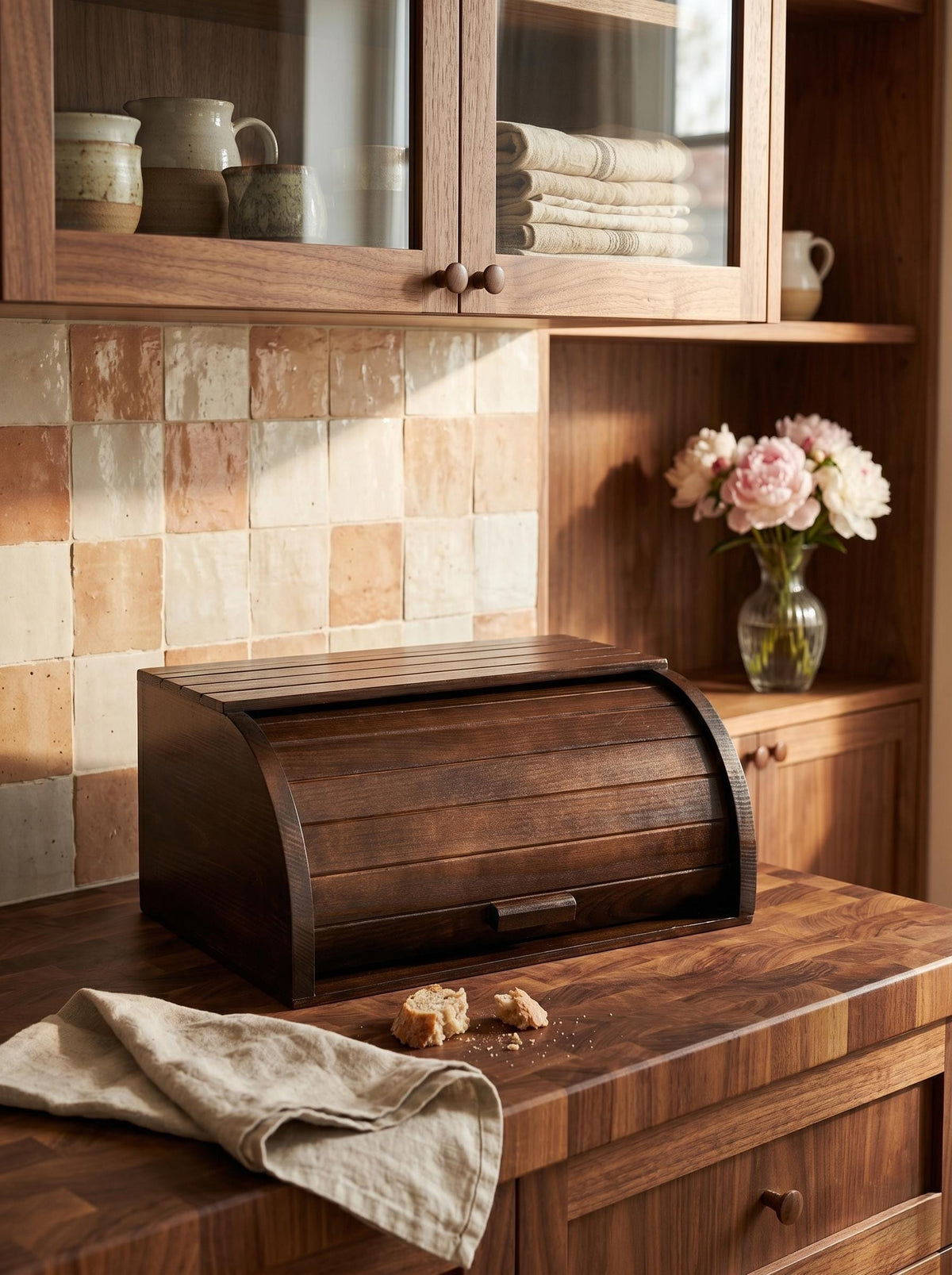 Handmade Wooden Bread Box with Roll Top Lid