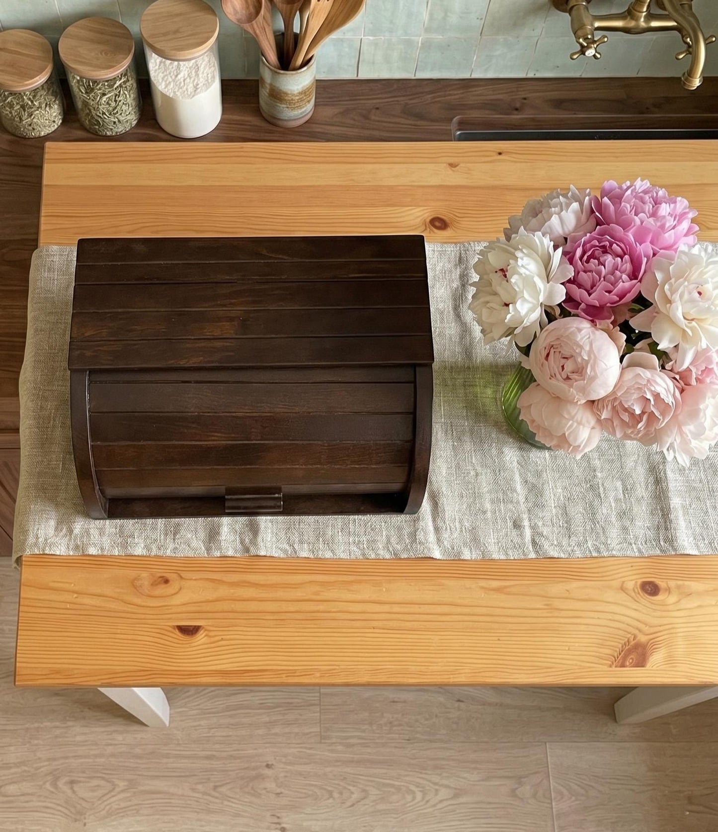 Handmade Wooden Bread Box with Roll Top Lid