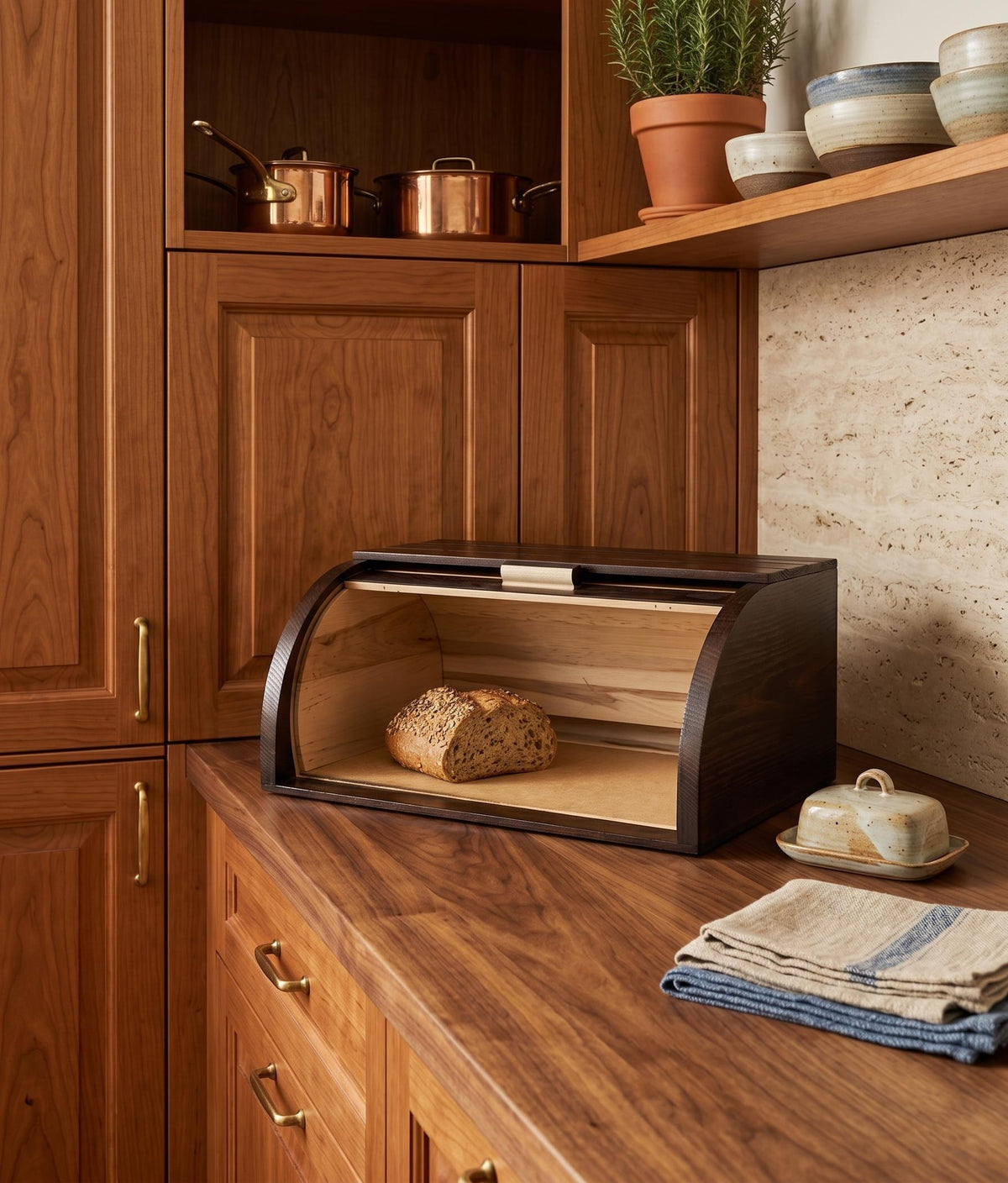 Handmade Wooden Bread Box with Roll Top Lid