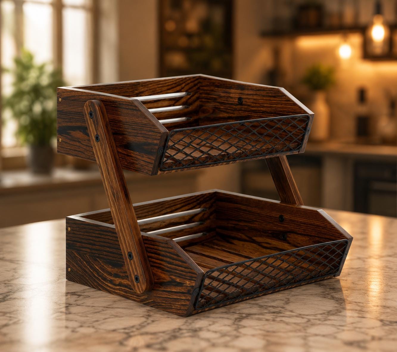 Wooden Fruit Basket for Kitchen Counter, Rustic Vegetable Bowl and Bread Storage Organizer