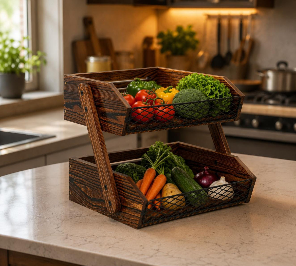 Wooden Fruit Basket for Kitchen Counter, Rustic Vegetable Bowl and Bread Storage Organizer