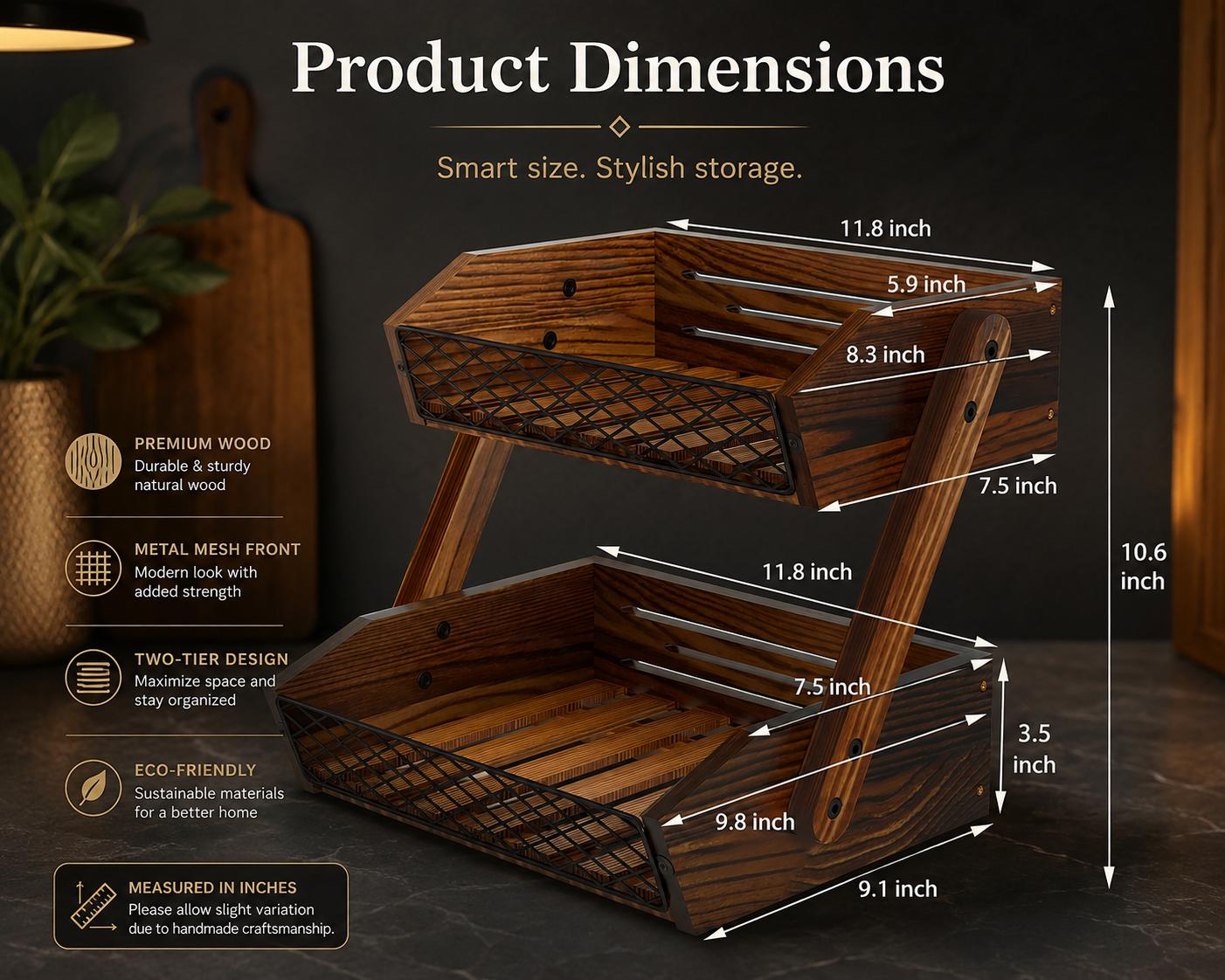 Wooden Fruit Basket for Kitchen Counter, Rustic Vegetable Bowl and Bread Storage Organizer