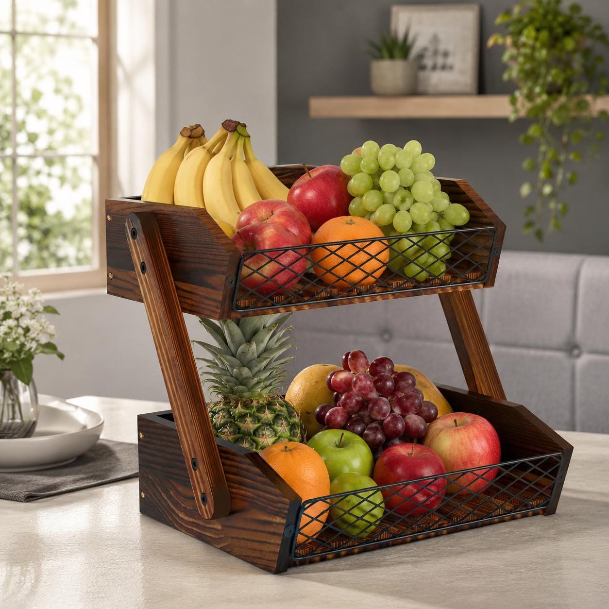 Wooden Fruit Basket for Kitchen Counter, Rustic Vegetable Bowl and Bread Storage Organizer