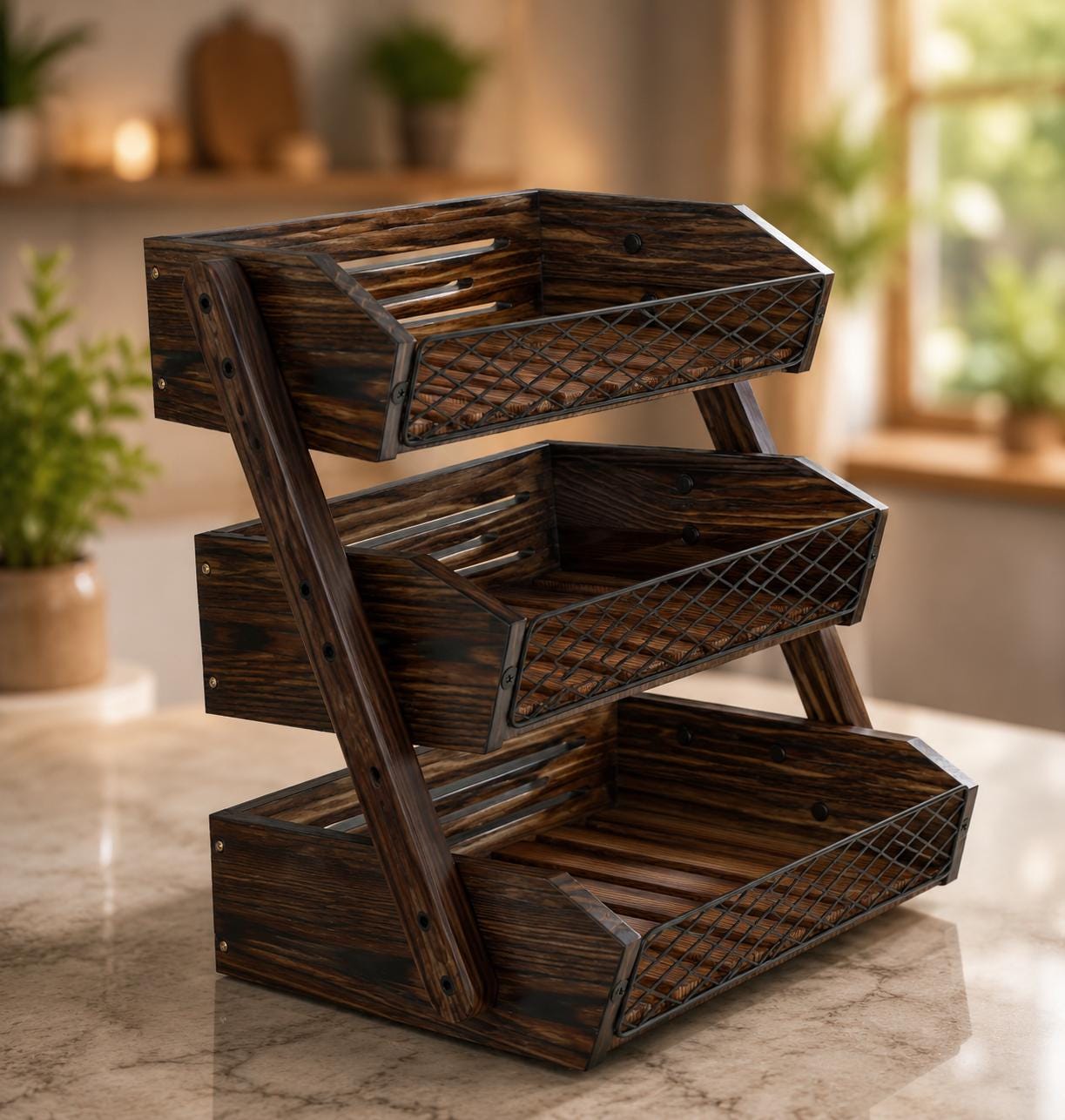 Wooden Fruit Basket for Kitchen Counter, Rustic Vegetable Bowl and Bread Storage Organizer