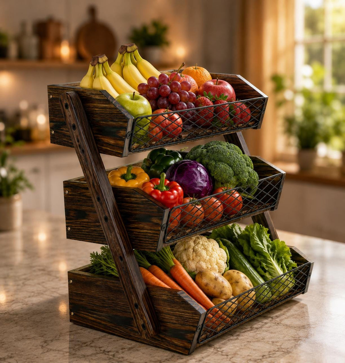 Wooden Fruit Basket for Kitchen Counter, Rustic Vegetable Bowl and Bread Storage Organizer