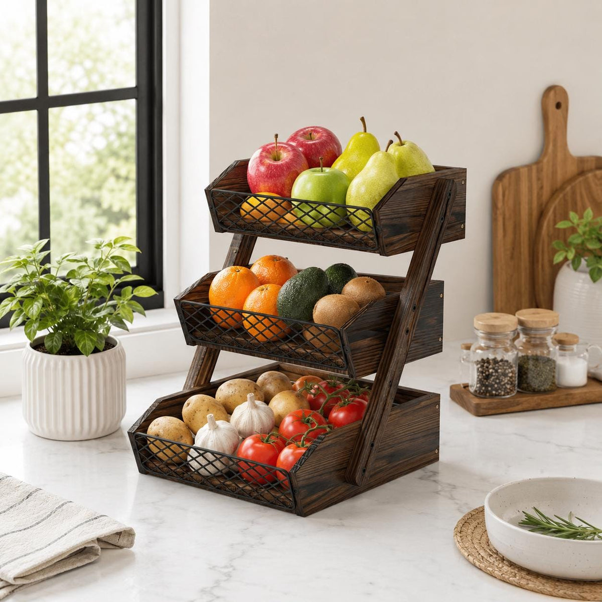 Wooden Fruit Basket for Kitchen Counter, Rustic Vegetable Bowl and Bread Storage Organizer