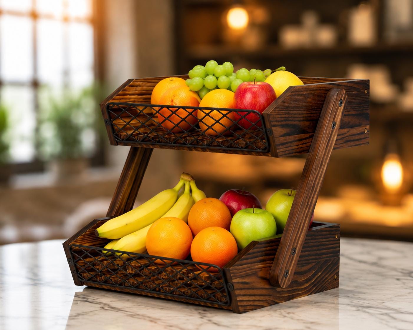 Wooden Fruit Basket for Kitchen Counter, Rustic Vegetable Bowl and Bread Storage Organizer