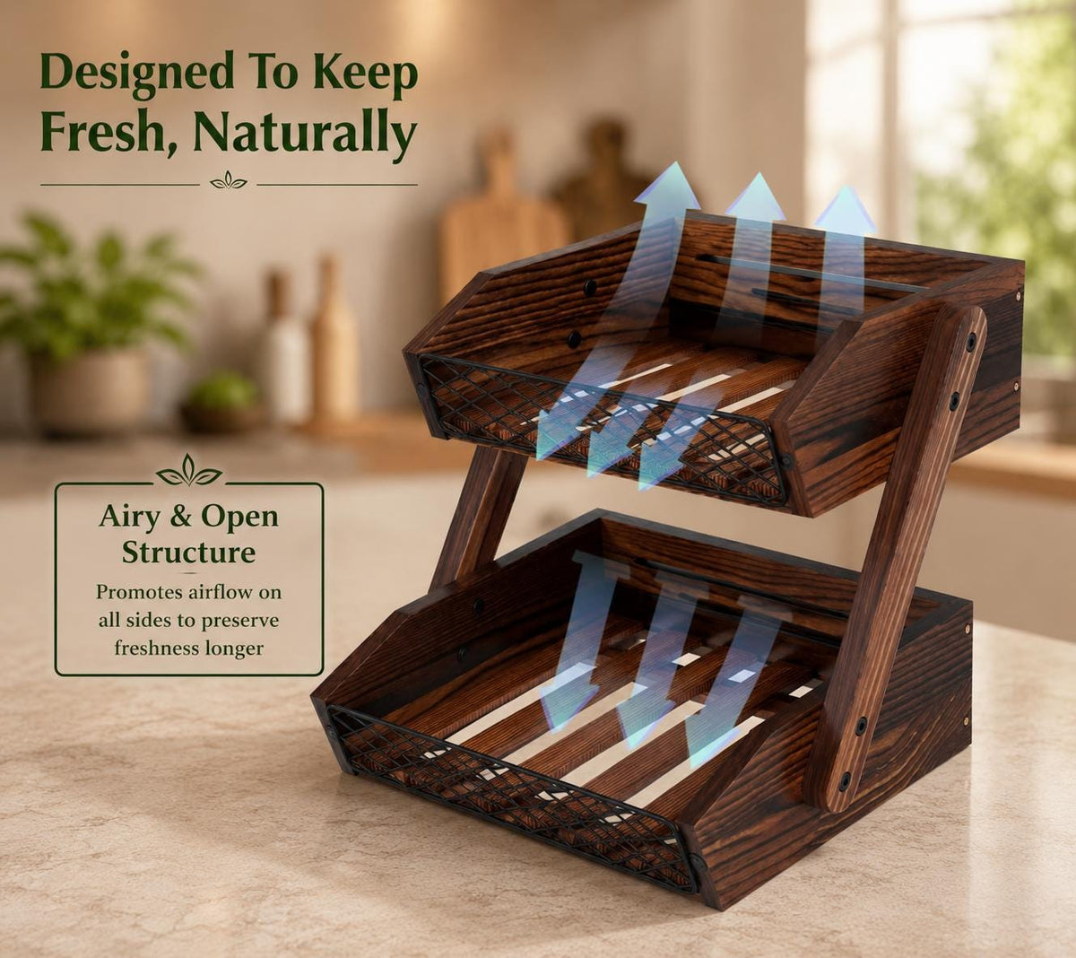 Wooden Fruit Basket for Kitchen Counter, Rustic Vegetable Bowl and Bread Storage Organizer