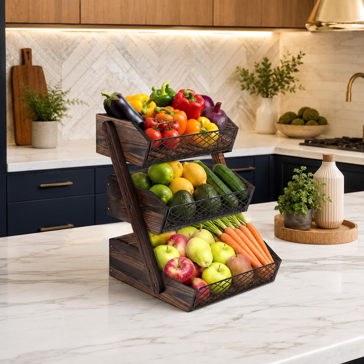 Wooden Fruit Basket for Kitchen Counter, Rustic Vegetable Bowl and Bread Storage Organizer