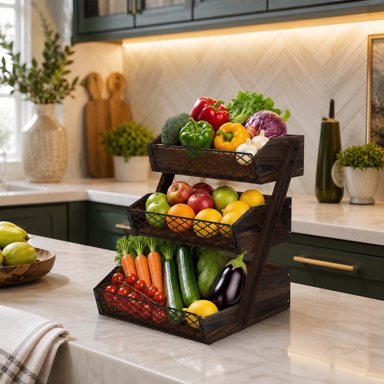 Wooden Fruit Basket for Kitchen Counter, Rustic Vegetable Bowl and Bread Storage Organizer