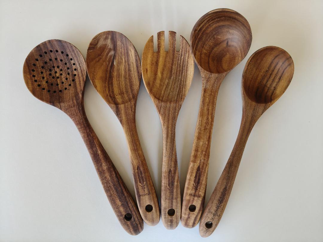 Raw Unfinished Montuk 10-Piece Teak Wood Cooking Utensils Set – Natural, Uncoated Kitchen Spoons