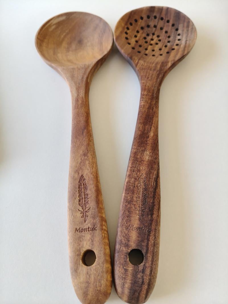 Raw Unfinished Montuk 10-Piece Teak Wood Cooking Utensils Set – Natural, Uncoated Kitchen Spoons