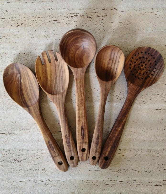 Raw Unfinished Montuk 10-Piece Teak Wood Cooking Utensils Set – Natural, Uncoated Kitchen Spoons