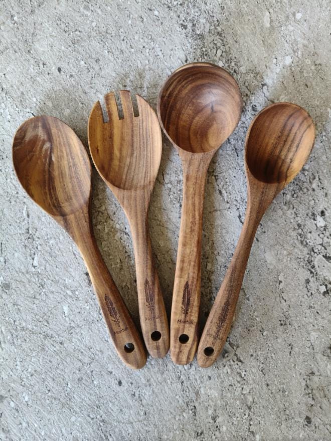 Raw Unfinished Montuk 10-Piece Teak Wood Cooking Utensils Set – Natural, Uncoated Kitchen Spoons
