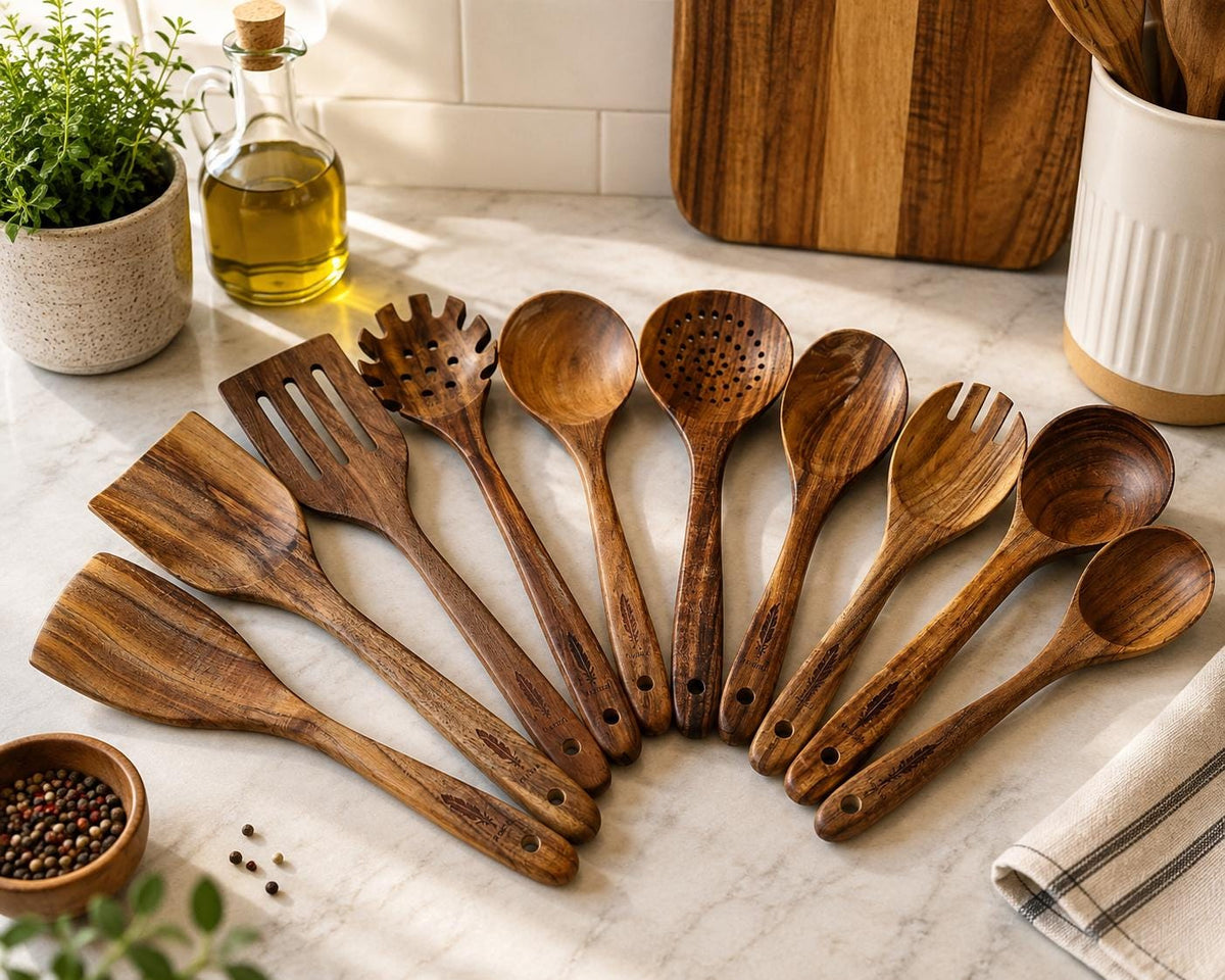 Raw Unfinished Montuk 10-Piece Teak Wood Cooking Utensils Set – Natural, Uncoated Kitchen Spoons