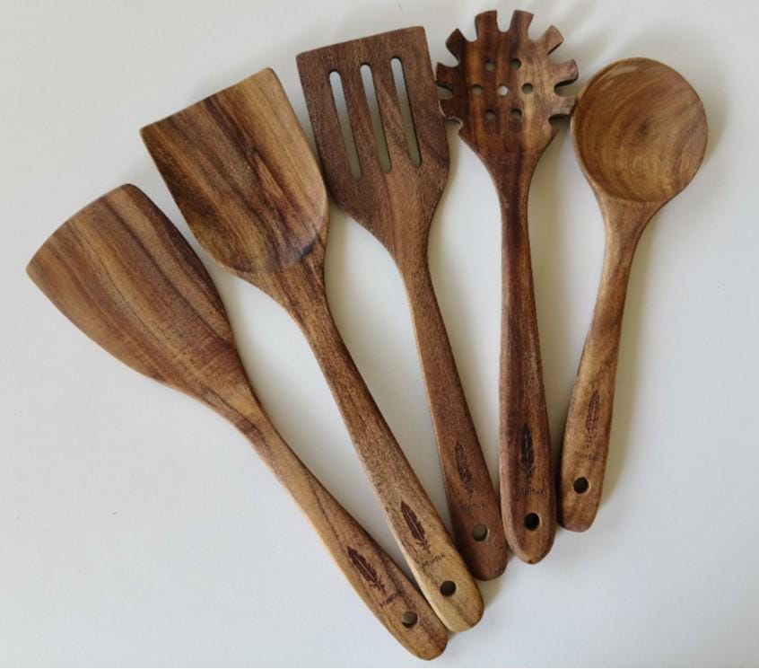 Raw Unfinished Montuk 10-Piece Teak Wood Cooking Utensils Set – Natural, Uncoated Kitchen Spoons