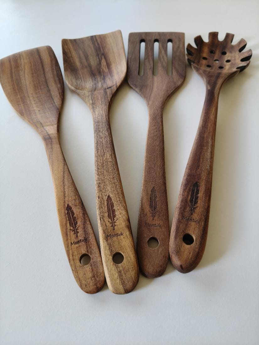 Raw Unfinished Montuk 10-Piece Teak Wood Cooking Utensils Set – Natural, Uncoated Kitchen Spoons